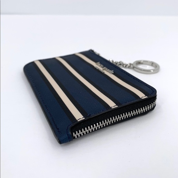 Kate Spade Cameron medium L-zip York stripe card holder keyring blue black new - Picture 3 of 6
